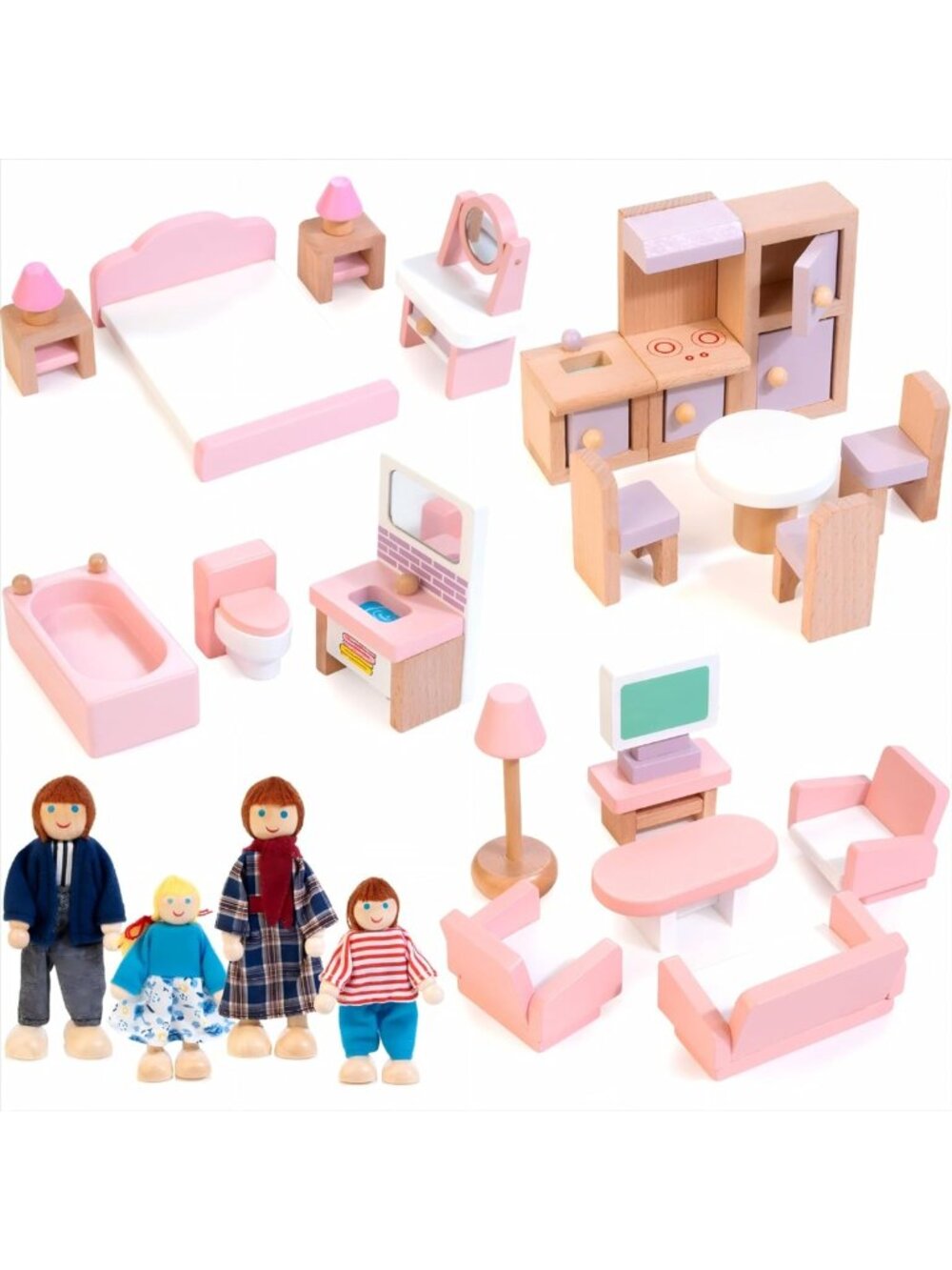 Wooden Dollhouse Furniture Set with 4 Dolls, 26 Pcs Pretend Play Accessories